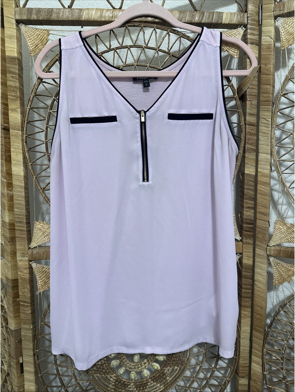 Express Light Pink Black Zip Front V-Neck Sleeveless Women's Tank Top Large